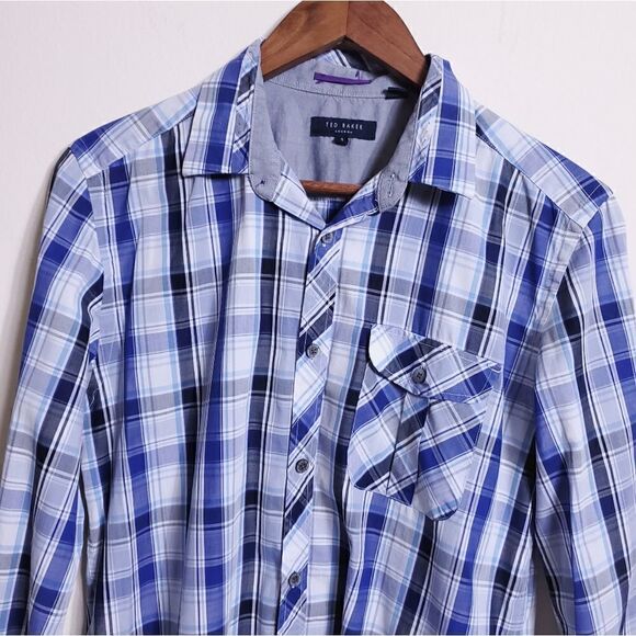 Ted Baker Button Down Top Blue Plaid Size 3 - Picture 2 of 13
